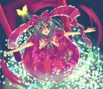  blue_eyes bow butterfly dress from_above glowing green_hair hair_bow hair_ribbon kagiyama_hina long_hair looking_up outstretched_arms pochi-t ribbon ribbons solo spread_arms star touhou 