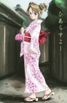  blush brown_hair clog_sandals double_bun double_buns japanese_clothes kimono rasukaru rasukaru_(pixiv74058) sandals smile 