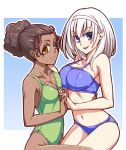  2girls arm_around_waist asymmetrical_docking blue_eyes blue_swimsuit breast_press breasts brown_eyes brown_hair cleavage collarbone dark_skin glasses green_swimsuit hairband hand_on_shoulder imada_kozue interlocked_fingers large_breasts looking_at_viewer midriff multiple_girls navel one-piece_swimsuit original red-framed_glasses smile strap_gap swimsuit tankini white_hair 