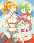  akane barefoot bikini blonde_hair child denim denim_shorts dr._slump glasses kimidori_akane melting mov multiple_girls norimaki_arale norimaki_gajira ponytail popsicle purple_hair shorts side-tie_bikini sitting swimsuit thigh-highs thighhighs twintails 