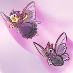  1girl barefoot blue_eyes blush_stickers costume dress fang flying glasses hitec moemon outstretched_arms personification pokemon pokemon_(creature) pokemon_(game) pokemon_rgby purple_hair short_hair simple_background venomoth 