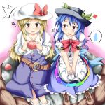 blonde_hair blue_hair eating food fruit hat hinanawi_tenshi holding holding_fruit keystone long_hair nanatsuhane peach ribbon shimenawa sitting skirt touhou watatsuki_no_toyohime