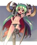  bikini cape fang gloves green_hair hair_ribbon hair_ribbons horns katahira_masashi long_hair midriff nave navel one_thighhigh original red_eyes ribbon ribbons side-tie_bikini single_thighhigh swimsuit thigh-highs thighhighs twintails 