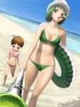  bad_id beach bikini blush brown_eyes brown_hair child food food_themed_clothes fruit green_eyes green_hair hat innertube mouth_hold multiple_girls ocean penpen_(artist) popsicle sea short_hair staff suika_bar swimsuit watermelon watermelon_print 