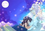  cherry_blossoms closed_eyes couple fox_mask glow long_hair mask moon petals pointy_ears stars tail white_hair 