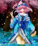  fan hat japanese_clothes kimono michii_yuuki petals pink_hair ribbon ribbons saigyouji_yuyuko short_hair touhou water 