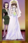  bouquets bridal_veil bride brown_hair business_suit cap dress flower formal glasses highres nogizaka_haruka nogizaka_haruka_no_himitsu pantyhose screencap skirt_suit stitched suit veil wedding_dress 