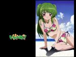  bikini blush cloud green_hair inukami! jewelry long_hair necklace pink_eyes red_eyes short_twintails side-tie_bikini smile solo swimsuit twintails wallpaper water youko_(inukami) 