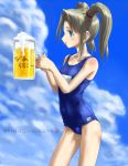  blue_eyes blush brown_hair flat_chest froth one-piece_swimsuit rasukaru rasukaru_(pixiv74058) school_swimsuit swimsuit twintails 