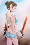  bow bow_panties bra brown_eyes brown_hair green_panties lace-trimmed_panties lingerie mole monster_hunter panties rasukaru shield smile sword underwear weapon 