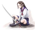  brown_hair feet katana long_hair rasukaru school_uniform sitting socks sword weapon 