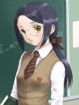  blackboard chalkboard glasses long_hair necktie ponytail purple_hair rasukaru rasukaru_(pixiv74058) school_uniform sweater 