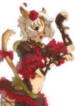  animal_ears bracelet dancer final_fantasy_xi flower midriff mithra red short_hair tail white_hair 