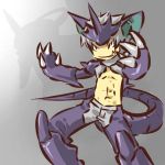  abs animal_ears claws costume eva_01 fang hitec male midriff moemon navel neon_genesis_evangelion nidoking nintendo parody personification pokemon pokemon_(game) pokemon_rgby short_hair silhouette silver_hair simple_background solo standing tail 