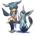  1girl blue_eyes blue_hair bow costume glaceon hitec kneehighs moemon parody personification pokemon pokemon_(creature) pokemon_(game) pokemon_dppt school_uniform serafuku simple_background sitting socks suzumiya_haruhi_no_yuuutsu tail 