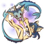  1girl barefoot blue_eyes blue_hair blush_stickers costume hitec moemon open_mouth personification pokemon pokemon_(creature) pokemon_(game) pokemon_rgby simple_background smile tail vaporeon 