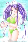  breasts cleavage erect_nipples hips hoop huge_breasts large_breasts long_hair mamotte_shugogetten mirror open_mouth purple_eyes purple_hair shugogetten_shaolin smile swimsuit twintails violet_eyes water 