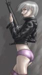  gun jacket lace-trimmed_panties panties purple_panties rasukaru rifle short_hair silver_hair thigh-highs thighhighs underwear weapon 