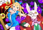  alice alice_(wonderland) alice_in_wonderland blonde_hair blue_eyes cheshire_cat garters outstretched_arm outstretched_hand pocket_watch reaching sanae watch white_rabbit 