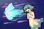  :d bangs bare_shoulders bow dress flat_chest flying frontier glowing green_hair hair_bow hands_clasped looking_at_viewer lowres macross macross_frontier motion_blur oekaki open_mouth ranka_lee red_eyes short_hair sky smile solo space standing star_(sky) starry_sky sundress 