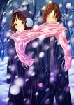  brown_hair couple earmuffs hat red_eyes scarf shared_scarf short_hair snow tree trees 