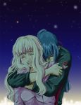  blue_hair comforting hug hug_from_behind long_hair macross macross_frontier saotome_alto sheryl_nome star tears 
