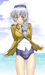  braid full_metal_panic full_metal_panic! grey_eyes no_pants school_swimsuit side_braid silver_eyes silver_hair swimsuit swimsuit_under_clothes teletha_testarossa ueyama_michirou 