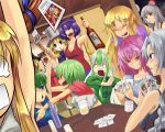  &#9320; &gt;:) :&lt; ? alcohol alternate_costume aryus bad_id beer blush bottle breasts card cards casual chen cleavage closed_eyes drunk everyone ex-keine ex_keine exkeine falling_card fujiwara_no_mokou hakurei_reimu holding holding_card horn horns hoshiguma_yuugi hug ibuki_suika kamishirasawa_keine kazami_yuuka kirisame_marisa konpaku_youmu lying_card moriya_suwako multiple_girls no_hat no_headwear o_o party playing_games rod_of_remorse saigyouji_yuyuko shaded_face shikieiki_yamaxanadu surprised t-shirt tank_top touhou yagokoro_eirin yakumo_yukari yasaka_kanako 