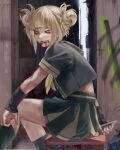  1girl absurdres alley bags_under_eyes bangs blonde_hair blood blood_from_mouth blood_on_face blood_on_wall blood_on_weapon blunt_bangs boku_no_hero_academia boxcutter double_bun fangs fingers highres holding holding_knife holding_weapon kaku1 knife looking_at_viewer messy_hair outdoors pleated_skirt putting_on_legwear sailor_collar sailor_shirt school_uniform serafuku shirt sitting skirt slit_pupils solo teeth toga_himiko tongue tongue_out trash_bag weapon wristband yellow_eyes 