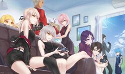  4boys 5girls archer artoria_pendragon_(all) bangs black_dress black_hair black_legwear blonde_hair blue_eyes blue_hair bow bowtie breasts brown_eyes cigar controller creature dress fate/extra fate/extra_ccc fate/grand_order fate/stay_night fate_(series) fou_(fate/grand_order) fujimaru_ritsuka_(male) game_controller glasses hair_over_one_eye hans_christian_andersen_(fate) highres jeanne_d&#039;arc_(alter)_(fate) jeanne_d&#039;arc_(fate)_(all) large_breasts long_hair long_sleeves lord_el-melloi_ii low-tied_long_hair mash_kyrielight minamoto_no_raikou_(fate/grand_order) multiple_boys multiple_girls necktie older open_mouth pantyhose parted_bangs paul_bunyan_(fate/grand_order) playing_games purple_hair saber_alter short_hair silver_hair skyde_kei tsurime very_long_hair violet_eyes waver_velvet white_hair wicked_dragon_witch_ver._shinjuku_1999 yellow_eyes 