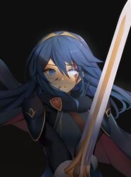  1girl absurdres armor blue_eyes blue_hair blush cape ei1han falchion_(fire_emblem) fingerless_gloves fire_emblem fire_emblem:_kakusei fire_emblem_awakening gloves hair_between_eyes highres intelligent_systems long_hair looking_at_viewer lucina lucina_(fire_emblem) nintendo simple_background solo super_smash_bros. sword tears tiara weapon 