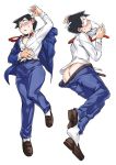  1boy ass black_hair blue_jacket blue_pants blush dakimakura jacket komi-san_wa_komyushou_desu loafers loose_necktie male_focus necktie pants red_neckwear school_uniform shoes simple_background solo sturkey sweat tadano_hitohito white_background 