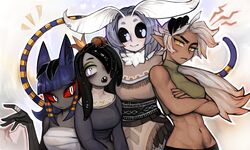  4girls abs absurdres animal_ears biceps black_hair black_sclera blue_hair blush breasts bug cat_ears cat_tail crop_top crossed_arms crown dark_elf egyptian egyptian_clothes elf ghastet grey_sclera group_picture hair_over_one_eye highres insect leech_girl leech_queen_(matilda_fiship) long_hair looking_at_viewer matilda_fiship medium_breasts medium_hair mini_crown monster_girl moth_girl mother_lumi multiple_girls native_american olivia_(fiship) orange_eyes original pointy_ears red_sclera sharp_teeth short_eyebrows silver_hair slit_pupils tail teeth thick_eyebrows toned very_long_tail 