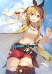  1girl :d atelier_(series) atelier_ryza belt blue_sky blush brown_eyes brown_gloves brown_hair brown_legwear clouds collarbone commentary_request day eyebrows_visible_through_hair gloves hair_ornament hairclip hat jewelry looking_at_viewer necklace open_mouth petals red_shorts reisalin_stout shirai_tanuki short_hair short_shorts shorts single_glove sky smile solo star star_necklace test_tube thigh-highs thighs twitter_username white_headwear white_legwear 