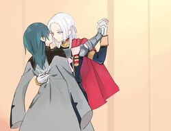  2girls arm_around_waist armor blue_hair byleth_(fire_emblem) byleth_eisner_(female) cape edelgard_von_hresvelg fire_emblem fire_emblem:_three_houses gloves hair_ribbon knightym22 long_hair multiple_girls red_cape ribbon short_hair silver_hair uniform violet_eyes 