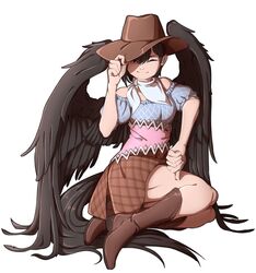  1girl bare_shoulders black_hair black_wings boots brown_footwear cowboy_boots cowboy_hat dress feathered_wings hand_on_headwear hand_on_own_thigh hat highres horse_tail kurokoma_saki looking_at_viewer mefomefo off-shoulder_dress off_shoulder one_eye_closed puffy_short_sleeves puffy_sleeves red_eyes scarf short_sleeves sitting smile solo tail thumbs_down touhou white_scarf wings yokozuwari 