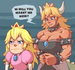  2girls bare_shoulders black_dress blonde_hair blue_eyes blush bowsette bracelet breasts brooch chibi collar commentary crown dark_skin dress elbow_gloves english_commentary english_text frown gloves height_difference jewelry large_breasts super_mario_bros. medium_hair multiple_girls muscle muscular_female new_super_mario_bros._u_deluxe nose nose_blush pink_dress platinum_blonde_hair princess_peach proposal shy spiked_armlet spiked_bracelet spiked_collar spiked_tail spikes strapless strapless_dress super_crown tail thick_eyebrows whistle_frog white_gloves yuri 