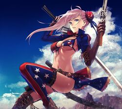  1girl american_flag american_flag_bikini applekun asymmetrical_hair asymmetrical_legwear bangs bikini blue_eyes blue_legwear blue_sky breasts brown_gloves bun_cover day dual_wielding elbow_gloves fate/grand_order fate_(series) flag_print front-tie_bikini front-tie_top gloves gunblade hair_bun highres holding holding_weapon long_hair medium_breasts miyamoto_musashi_(fate/grand_order) miyamoto_musashi_(swimsuit_berserker)_(fate) outdoors pink_hair shrug_(clothing) single_thigh_boot single_thighhigh sky solo star star_print swept_bangs swimsuit thigh-highs weapon 