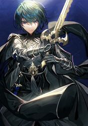  1boy armor black_cape black_gloves blue_background blue_eyes blue_hair byleth_(fire_emblem) byleth_eisner_(male) cape closed_mouth dagger fire_emblem fire_emblem:_three_houses gloves holding holding_sword holding_weapon mura_karuki sheath sheathed short_hair simple_background solo sword weapon 