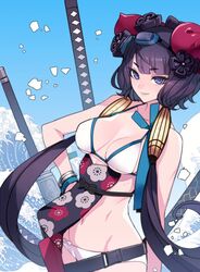  1girl ban bangs bare_shoulders bikini blue_eyes breasts broadsword collarbone fate/grand_order fate_(series) fine_art_parody floral_print goggles goggles_on_head groin hair_ornament hair_tubes kanagawa_okinami_ura katana katsushika_hokusai_(fate/grand_order) katsushika_hokusai_(swimsuit_saber)_(fate) looking_at_viewer parody purple_hair solo swimsuit sword weapon white_bikini 