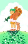  1girl :o artist_name blue_eyes clouds clover commentary day duralumin english_commentary flower from_behind full_body grass green_hair hat hat_removed headwear_removed holding holding_flower koiwai_yotsuba looking_back orange_footwear quad_tails rii_abrego shoes short_hair short_sleeves shorts sky sneakers socks solo straw_hat stuffed_animal stuffed_toy sun_hat sunflower teddy_bear white_legwear yellow_shorts yotsubato! 
