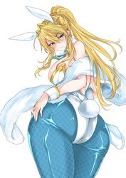  1girl animal_ears artoria_pendragon_(all) ass back blonde_hair blue_legwear blush braid breasts bunny_tail bunnysuit fate/grand_order fate_(series) fishnet_legwear fishnets green_eyes kirekawa_(lovelyplace) large_breasts ponytail rabbit_ears simple_background smile solo tail white_background wrist_cuffs 