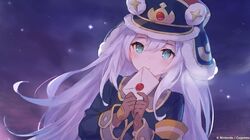  1girl aqua_eyes artist_request blush brown_gloves commentary company_name dragalia_lost envelope eyebrows_visible_through_hair fur-trimmed_hat fur_hat fur_trim gloves hat highres holding holding_envelope letter long_hair long_sleeves looking_at_viewer night night_sky noelle_(dragalia_lost) official_art sky solo star_(sky) upper_body ushanka very_long_hair watermark white_hair wide_sleeves 