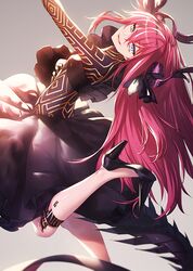  1girl :d arm_up bangs black_footwear black_ribbon black_skirt blue_eyes bodysuit commentary_request dragon_horns dragon_tail elizabeth_bathory_(fate) elizabeth_bathory_(fate)_(all) eyebrows_visible_through_hair fate/extra fate/extra_ccc fate_(series) feet_out_of_frame gradient gradient_background grey_background hair_between_eyes hair_ribbon high_heels horns ibuki_notsu long_hair looking_at_viewer open_mouth redhead ribbon skirt smile solo tail tsurime very_long_hair 