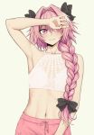  1boy arm_up armpits astolfo_(fate) bangs bare_shoulders black_bow blush bow braid collarbone crop_top fate/apocrypha fate_(series) hair_between_eyes hair_intakes highres long_braid long_hair looking_at_viewer multicolored_hair navel otoko_no_ko parted_lips pas_(paxiti) pink_eyes pink_hair pink_skirt simple_background single_braid skirt smile solo streaked_hair white_background white_hair 