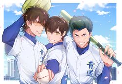  3boys ace_of_diamond arm_up baseball baseball_bat baseball_mitt baseball_uniform blue_sky brown_eyes brown_hair day green_eyes green_hair grin hair_between_eyes haruka_(5885352) highres holding_baseball_bat kuramochi_youichi long_sleeves male_focus miyuki_kazuya multiple_boys over_shoulder parted_lips petals sawamura_eijun sky smile sportswear standing yellow_eyes 