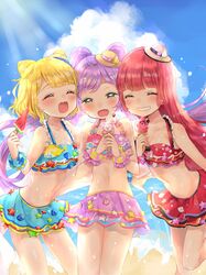  3girls :3 :d ^_^ bangle bangs beach bikini bikini_skirt blonde_hair blue_bikini blunt_bangs bracelet closed_eyes commentary_request day double_bun food green_eyes grin half-closed_eyes halterneck hat highres holding holding_food houjou_sophie ice_cream ice_cream_cone idol_time_pripara jewelry long_hair manaka_lala minami_mirei mini_hat multiple_girls navel open_mouth outdoors pink_background popsicle pretty_(series) pripara purple_hair red_bikini redhead seashell shell smile starfish swimsuit tatsuyoshi_(zawahomura) twintails very_long_hair watermelon_bar wet 