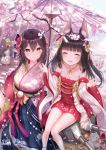  2girls animal_ear_fluff animal_ears azur_lane bangs bare_shoulders black_hair blush braid breasts brown_eyes brown_hair cannon cherry_blossoms closed_eyes day dress eyebrows_visible_through_hair fox_ears gloves hair_between_eyes hair_ornament hakama hands_up highres hime_cut holding holding_umbrella horns japanese_clothes jewelry kachayori kimono long_hair long_sleeves looking_at_viewer medium_breasts mikasa_(azur_lane) multiple_girls nagato_(azur_lane) necklace obi open_mouth oriental_umbrella outdoors petals pink_kimono sash side_braid sitting smile strapless strapless_dress thigh-highs turret umbrella very_long_hair white_gloves white_legwear 