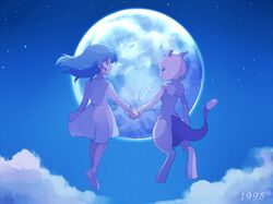  1998 1girl ai_(pokemon) aqua_hair artist_name blue_eyes blue_sky closed_mouth clouds crying dress eye_contact floating from_behind full_body furry gen_1_pokemon happy holding_hands horns legendary_pokemon long_hair long_sleeves looking_at_another mei_(maysroom) mewtwo moon night night_sky number open_mouth outdoors pokemon pokemon_(anime) pokemon_(creature) pokemon_m01 shoes signature sky smile star_(sky) starry_sky tail tears white_dress white_footwear 