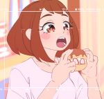  1girl boku_no_hero_academia brown_eyes brown_hair camera dessert eating food fruit highres open_mouth parfait riceballex shirt solo sparkle sparkling_eyes strawberry uraraka_ochako white_shirt 